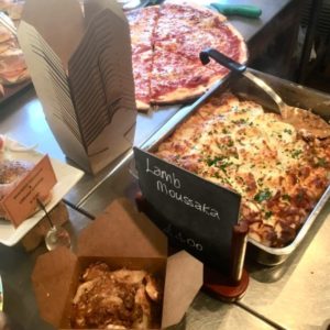 Lamb Moussaka and our new cardboard take-out boxes.