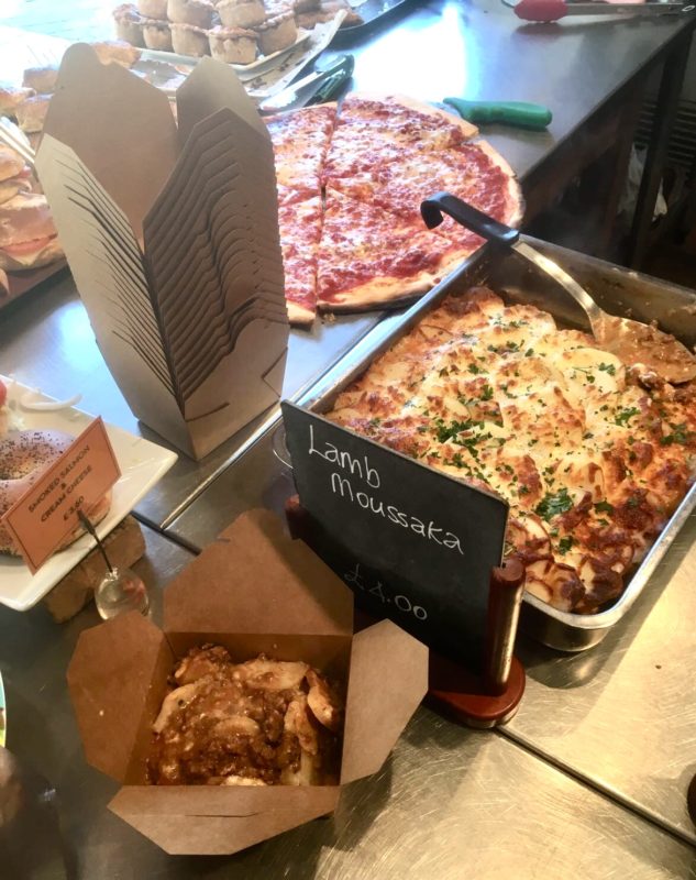 Lamb Moussaka and our new cardboard take-out boxes.